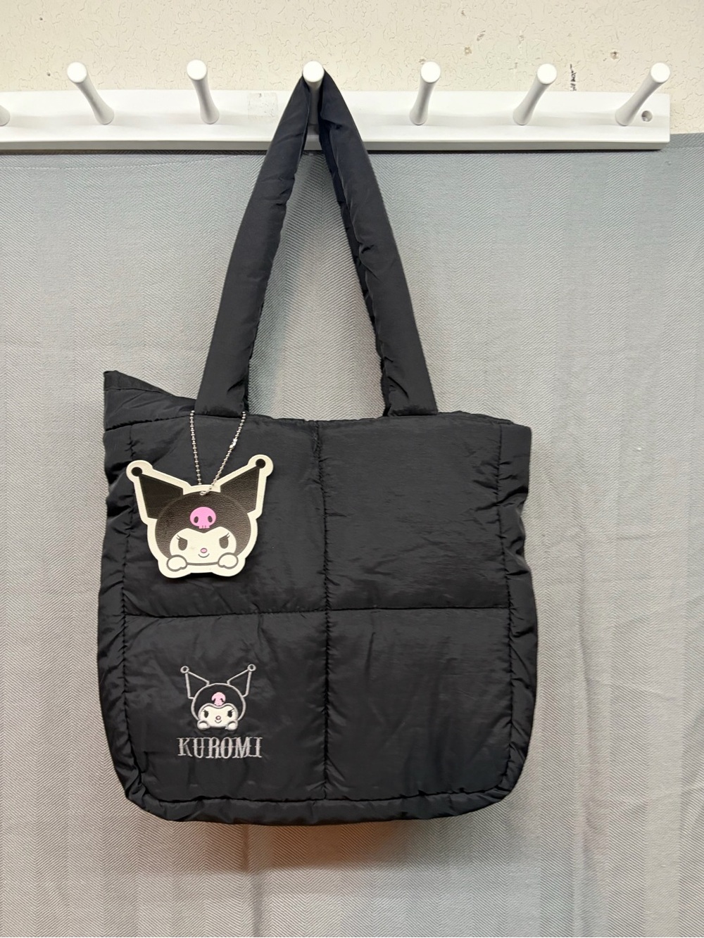 Kuromi black puffer shoulder tote with hangtag black snap closure embroidered